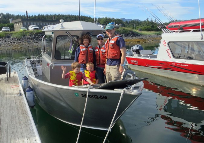 Our brave crew prepares to head out to sea on our Halibut fishing expedition. Connor, Chris and Tony are in the first row. Peggy and Cammie are in the second row.