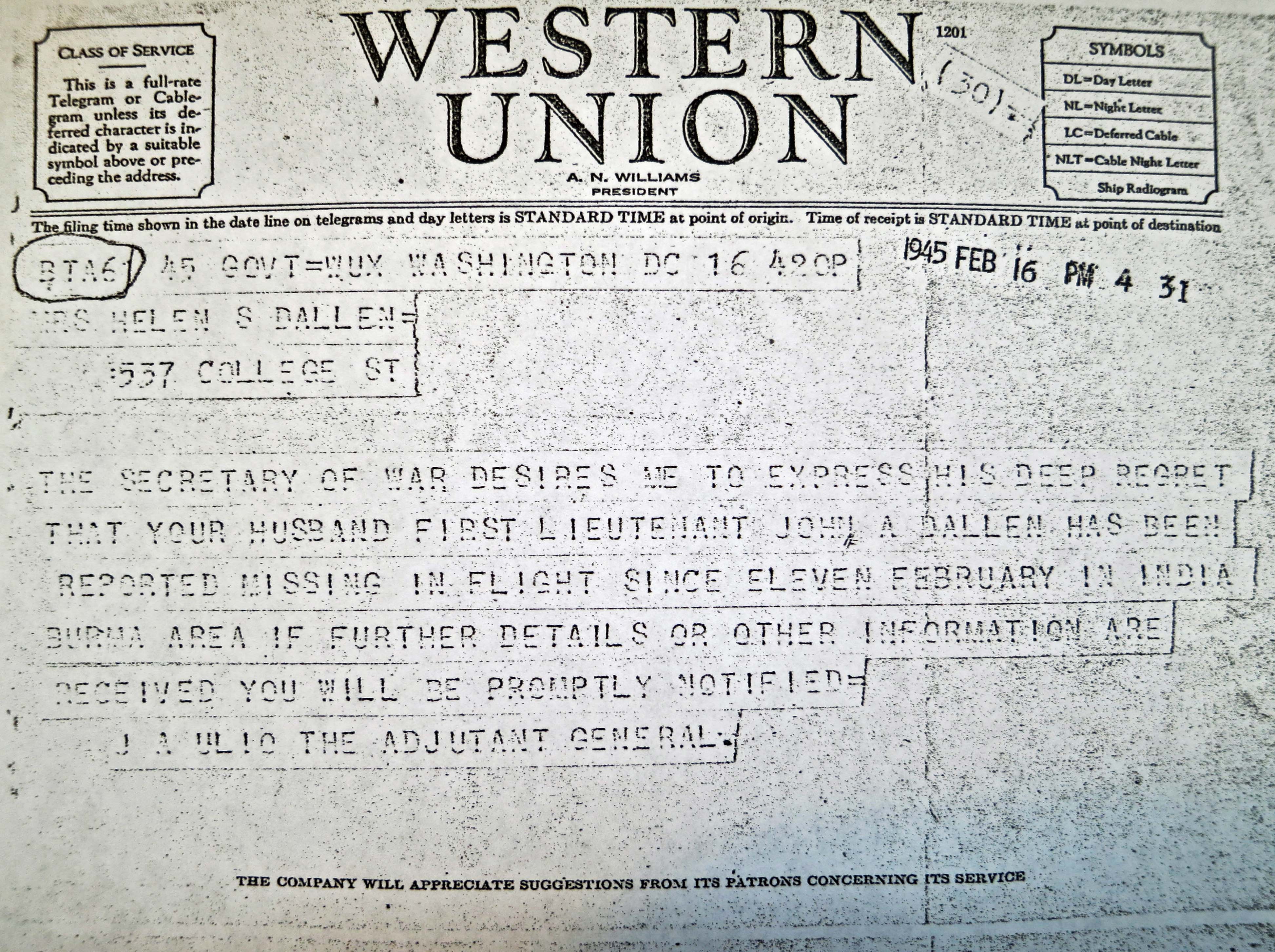 World War II telegram to Helen Dallen informing her that her husband, John Dallen, is missing in action while flying over the Hump (Himalaya Mountains).