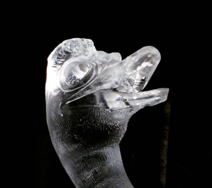 Head of ostrich included in the ice art sculpture "Yahoo!" show at the 2016 World Ice Art Championships.