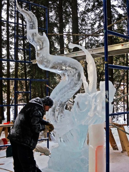 The "Jellyfish Hunter" is carved at the 2016 Word Ice Art Championships in Fairbanks.