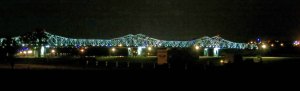The Natchez-Vidalia Bridge across the Mississippi River at night.