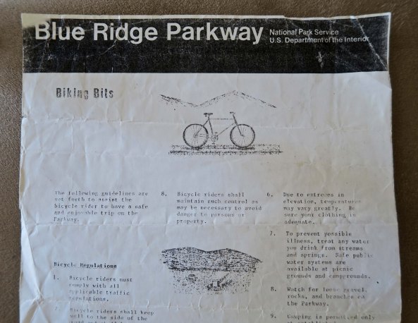 The mimeographed sheet on bicycling the Blue Ridge Highway that the National Park Service handed out to me in 1989 