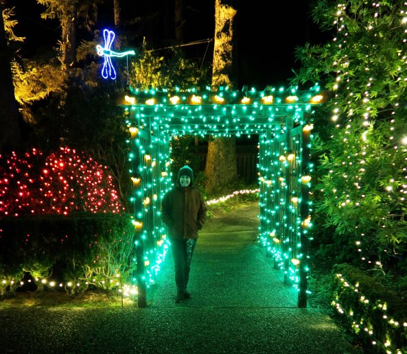 Green lit arbor and Peggy Mekemson at Oregon's Shore Acres' State Park Holiday of Lights display.